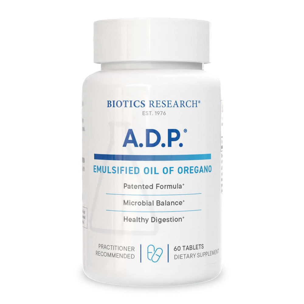 Biotics Research ADP emulsified oil of oregano tablets bottle showcases GI-friendly sustained release