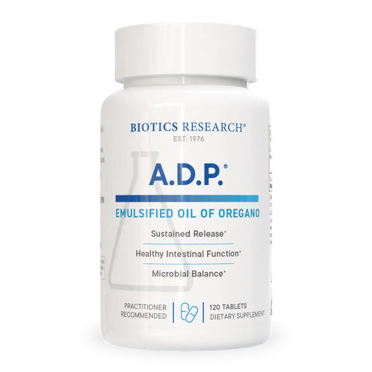 Biotics Research ADP oregano oil tablet bottle for GI support.
