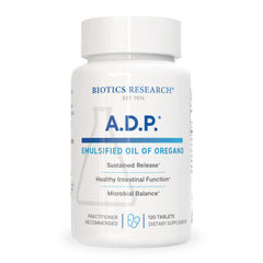 Biotics Research ADP oregano oil tablet bottle for GI support.