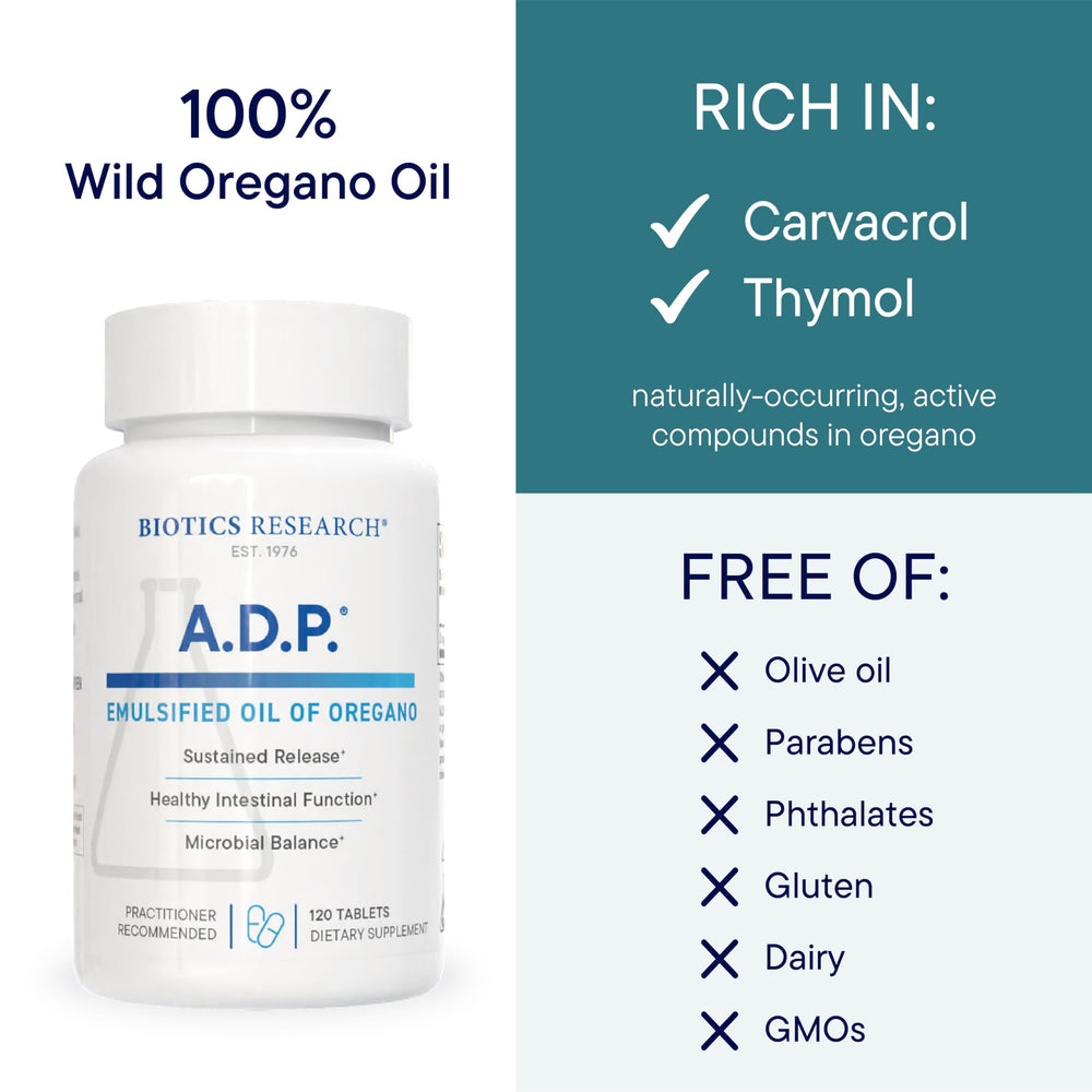 Close-up of ADP emulsified oregano tablet showing gentle formula.