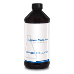 Biotics Research Aqueous Multi Plus bottle front with liquid vitamins for daily nutrient support.