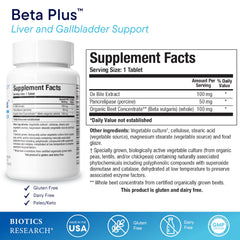 BIOTICS RESEARCH Beta-Plus label closeup emphasizes bile production support