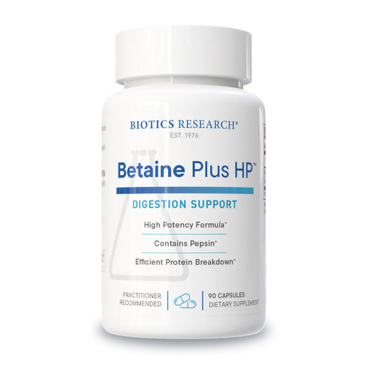 Biotics Research Betaine Plus HP bottle label closeup showing digestive support and potency