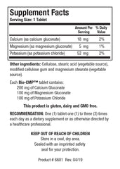 Bio CMP bottle back label with dosage and ingredients for bone and muscle function