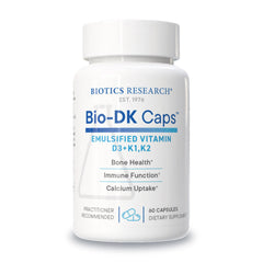 Biotics Research Bio-DK Caps bottle front highlights emulsified D3 and K2 for bone support