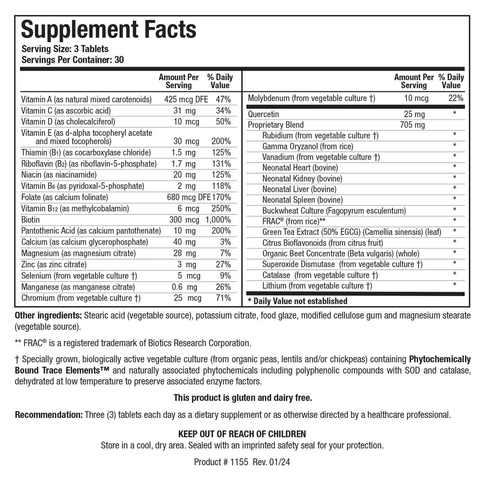 Bio-Trophic Plus label close-up highlights whole-food nutrients and SOD