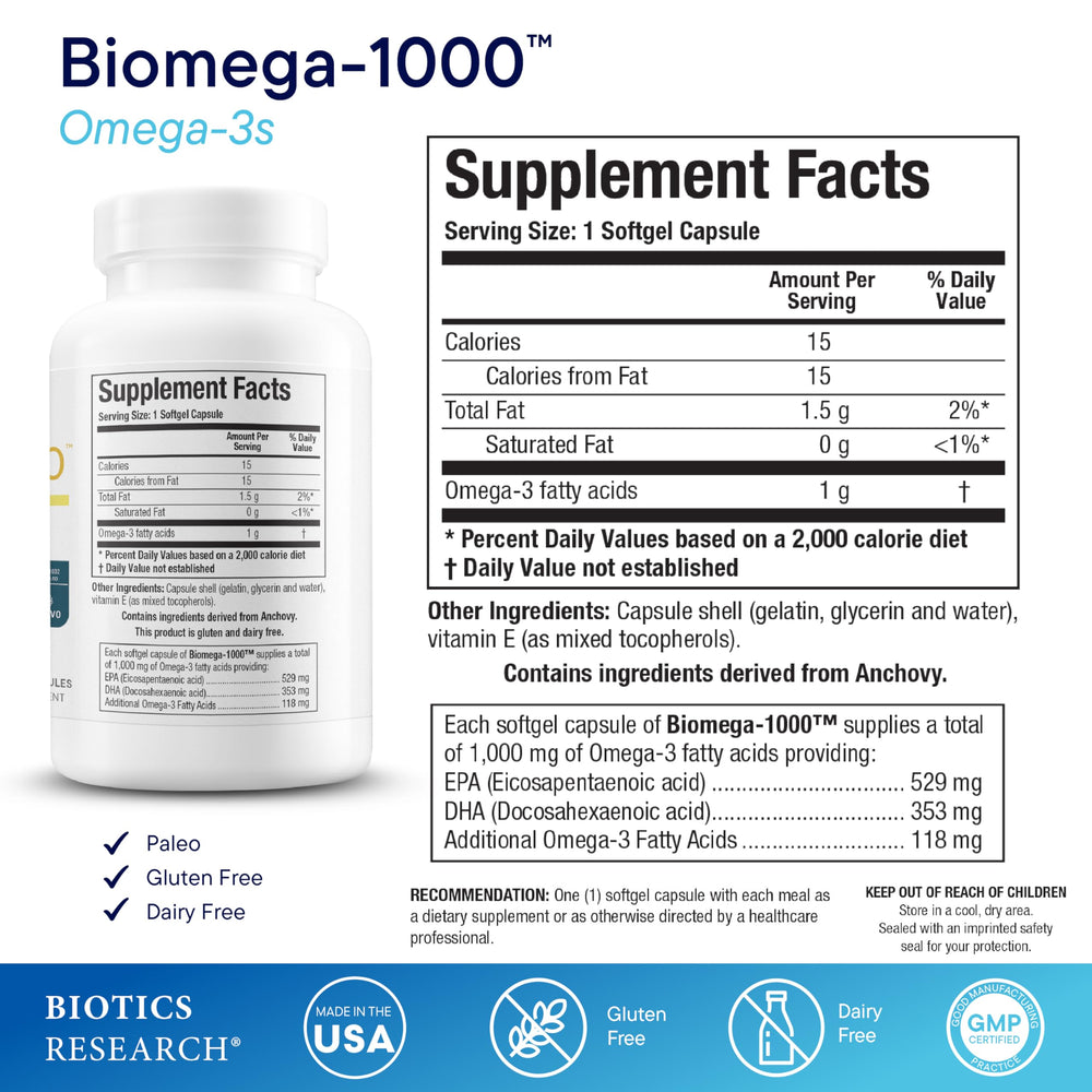 Biotics Research Biomega-1000 label close-up shows EPA and DHA content for informed choices.