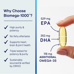 Biotics Research Biomega-1000 softgels spread highlights high omega-3 concentration for daily support.