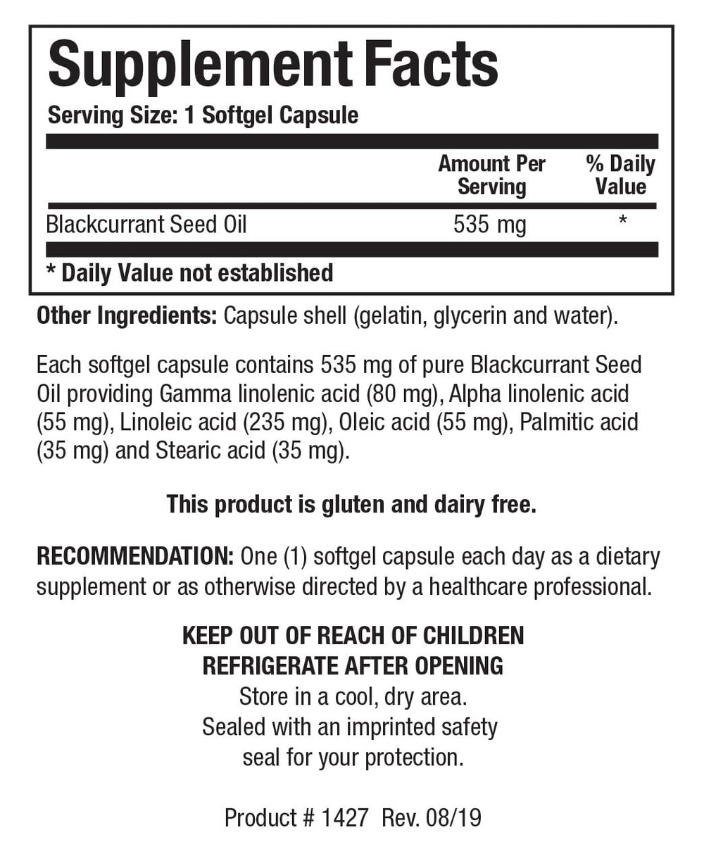 Close-up of BIOTICS RESEARCH Blackcurrant Seed Oil softgels rich in GLA