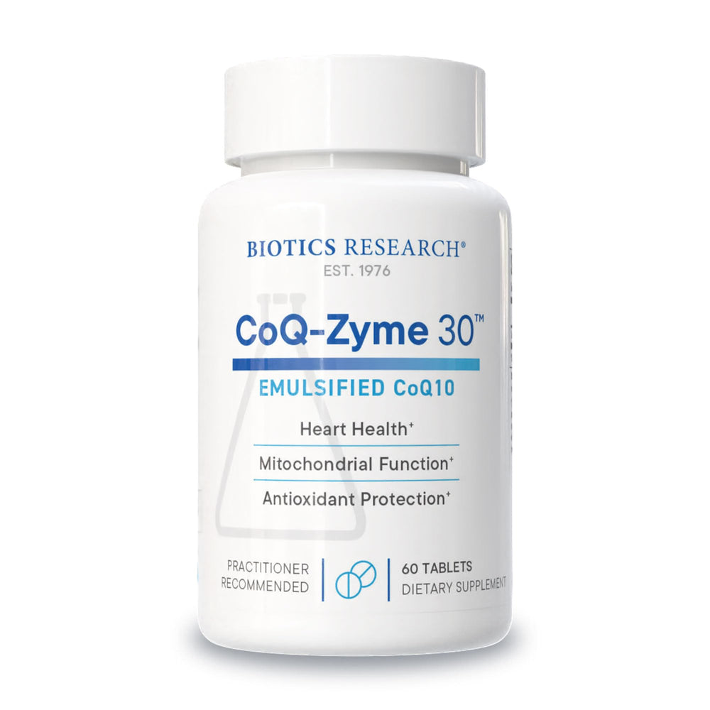Biotics Research CoQZyme 30 tablets showing emulsified CoQ10 for energy support