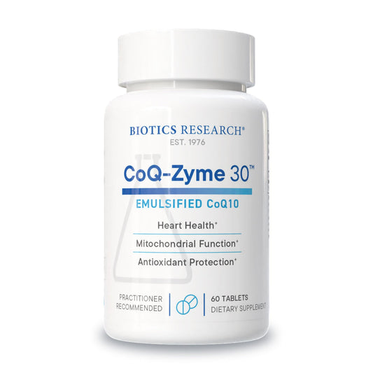 Biotics Research CoQZyme 30 tablets showing emulsified CoQ10 for energy support