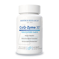 Biotics Research CoQZyme 30 tablets showing emulsified CoQ10 for energy support