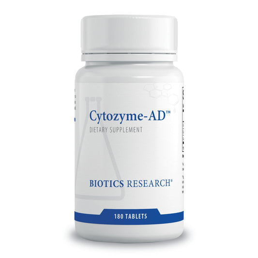 Biotics Research Cytozyme-AD adrenal support bottle front promotes daily wellness and stress-related energy balance.