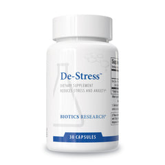 BIOTICS RESEARCH De-Stress bottle highlights patented nutrient for natural calm support.