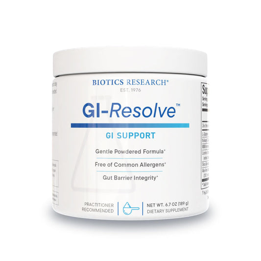 Biotics Research GI Resolve bottle showing a premium gut support blend for daily wellness