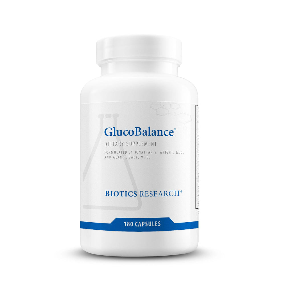 Biotics Research GlucoBalance bottle labeled, supports metabolic balance.