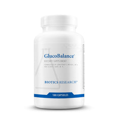 Biotics Research GlucoBalance bottle labeled, supports metabolic balance.