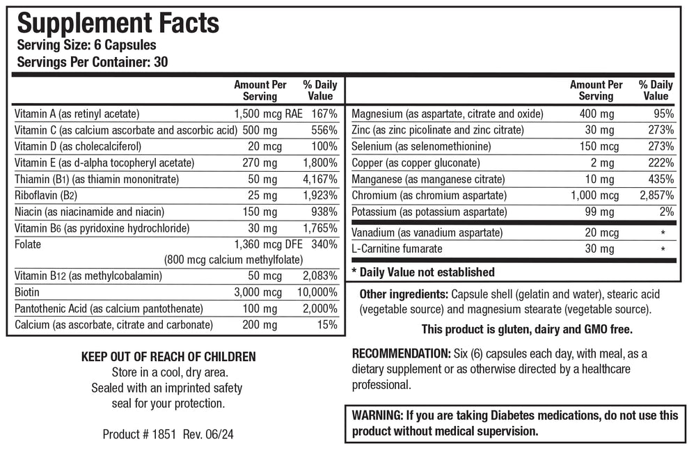 GlucoBalance ingredients: chromium, vanadium, L-carnitine for metabolic support.