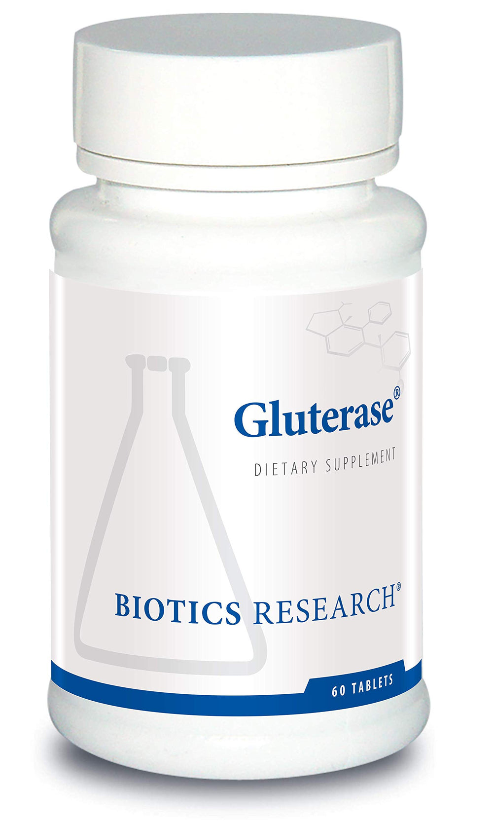 Biotics Research Gluterase bottle pour showing gluten digestion support during meals