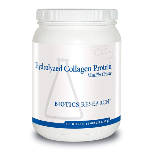 BIOTICS RESEARCH hydrolyzed collagen vanilla creme tub on counter used for daily protein support
