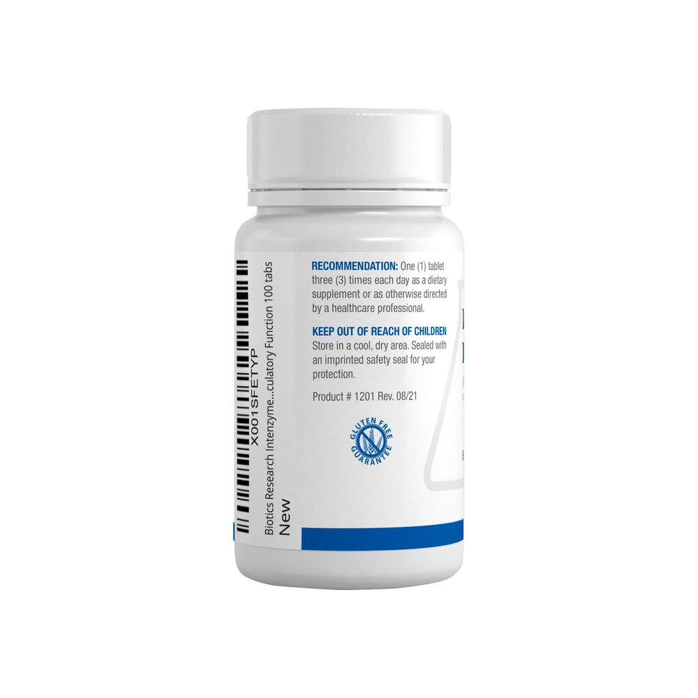 Biotics Research Intenzyme Forte bottle and label highlighting enzyme blend benefits.