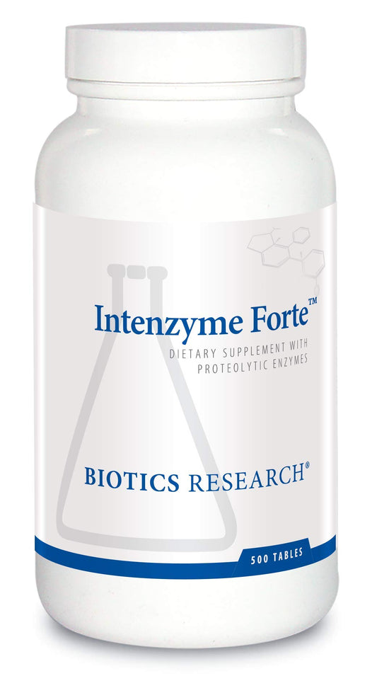Biotics Research Intenzyme Forte tablets — hero image, supporting digestive comfort.