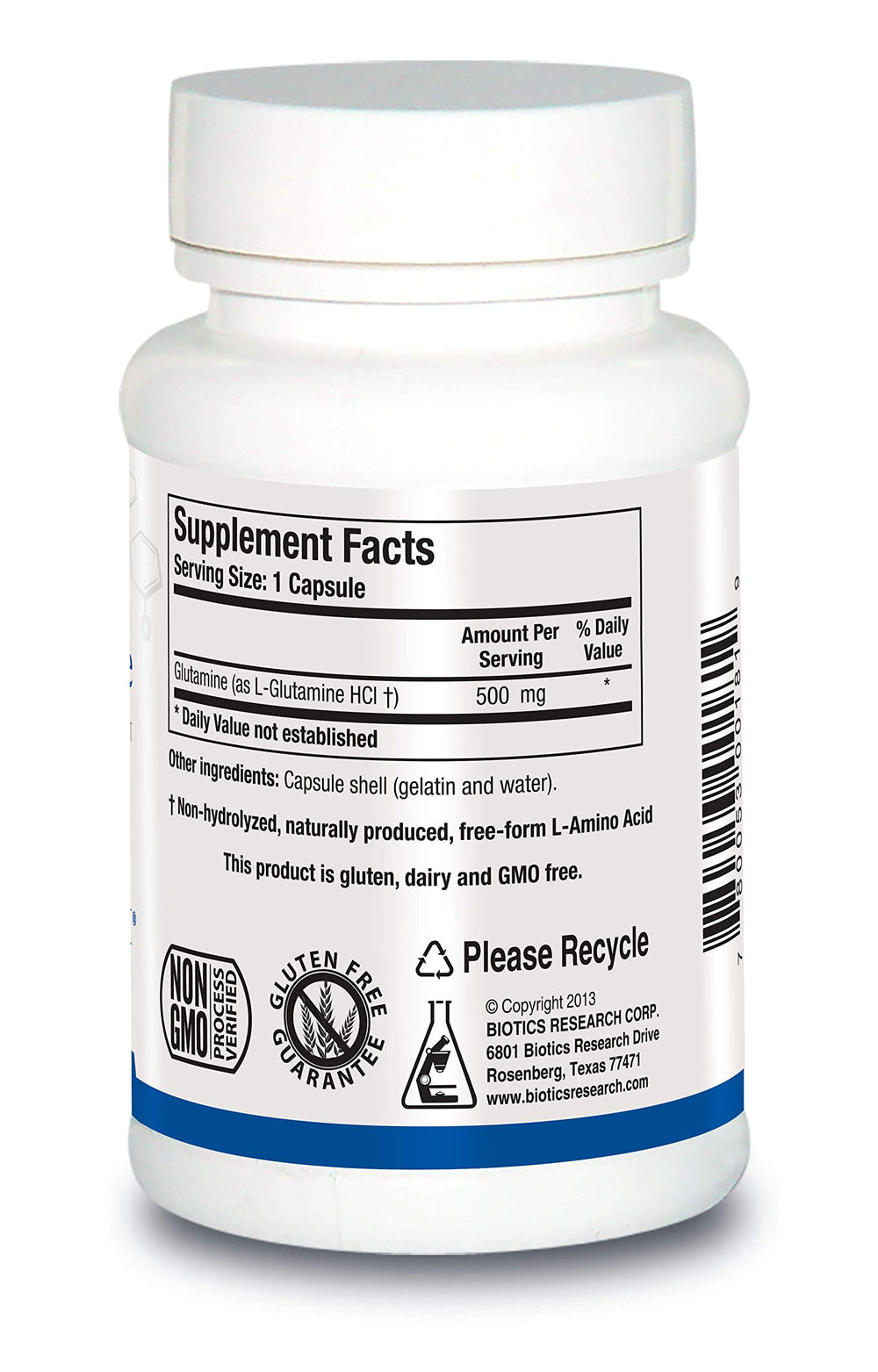 Biotics Research L-Glutamine capsules shown for lean muscle maintenance.