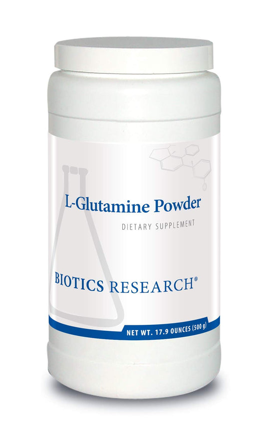 BIOTICS RESEARCH L-Glutamine Powder tub supports gut health and daily wellness.