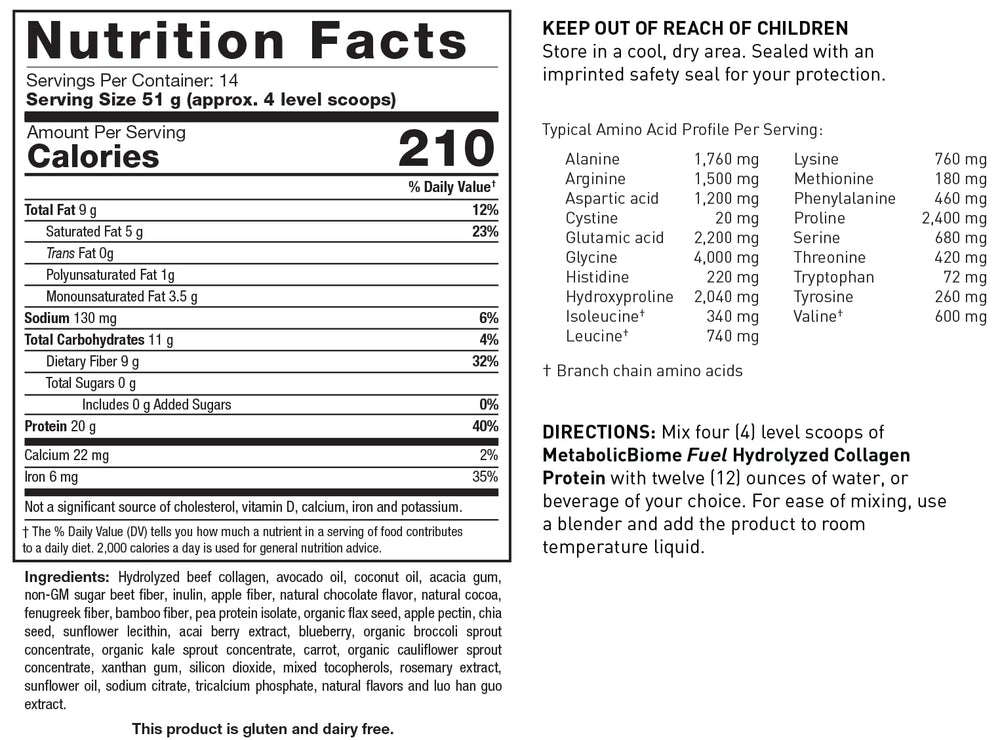 BIOTICS RESEARCH MetabolicBiome Fuel chocolate powder with scoop for delicious protein