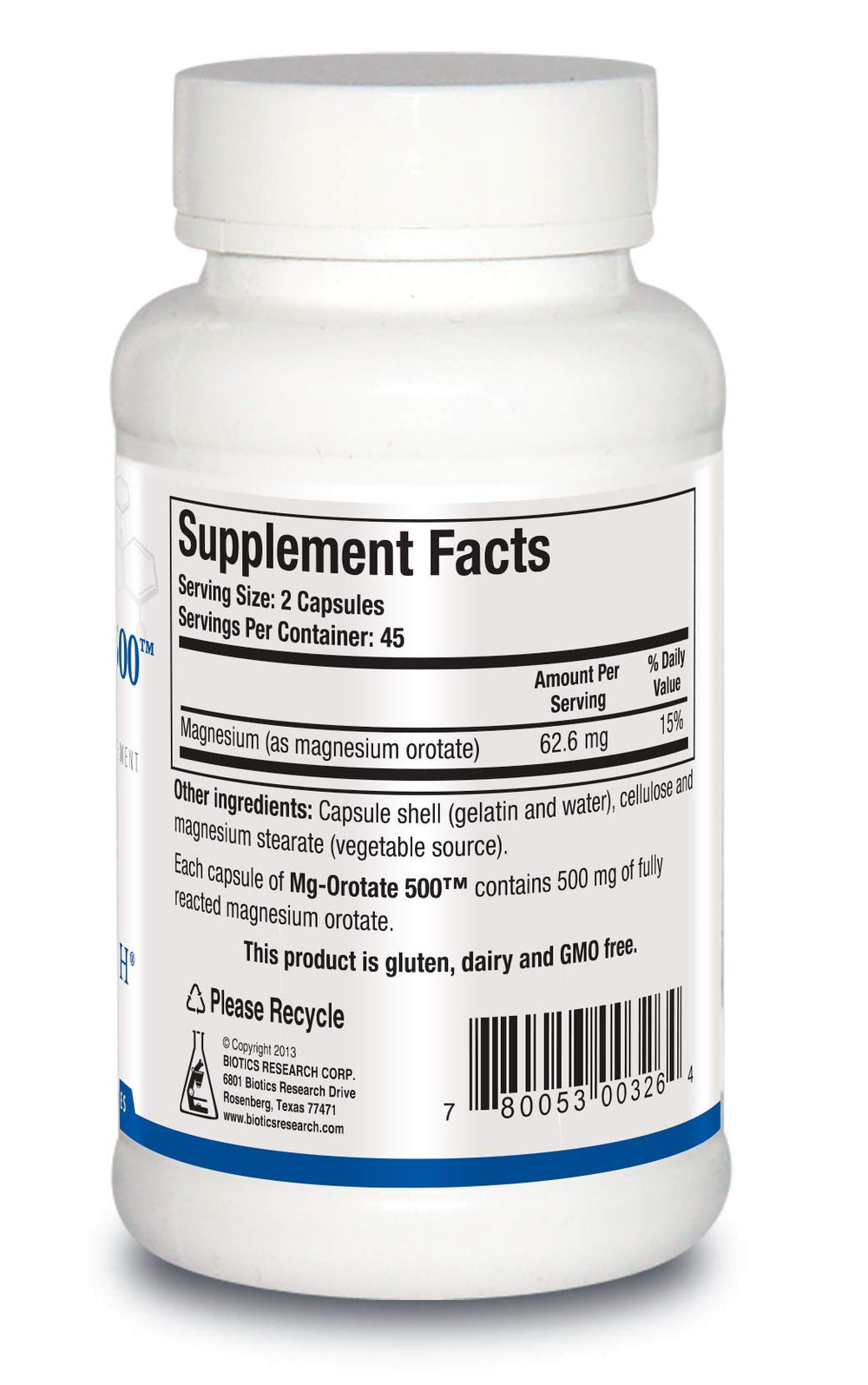Close-up of Mg Orotate 500mg label showing sleep and muscle comfort notes.