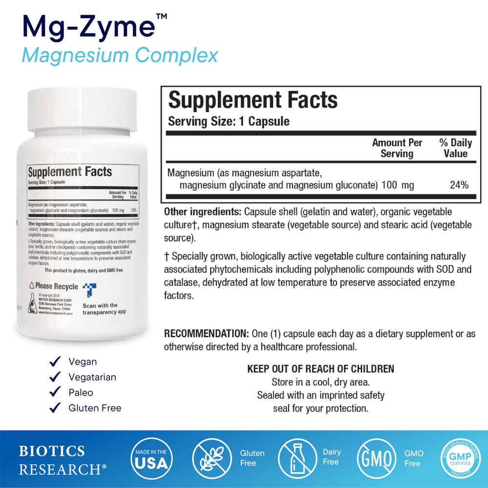 Mg-Zyme bottle label close-up highlights magnesium blends and dosing.