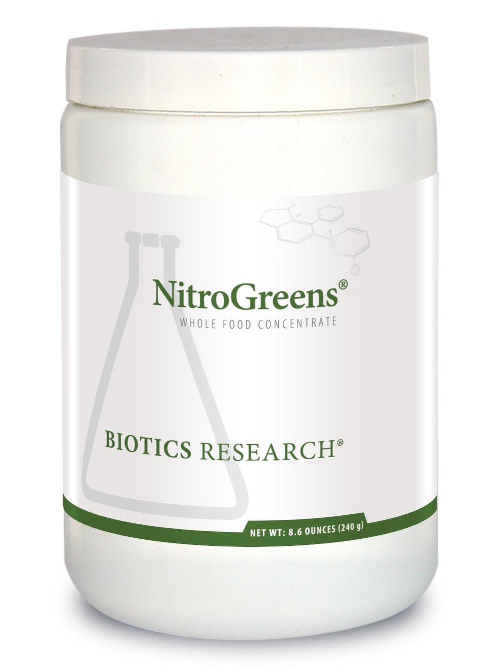 Biotics Research NitroGreens powder in glass for antioxidant support