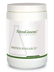 Biotics Research NitroGreens powder in glass for antioxidant support