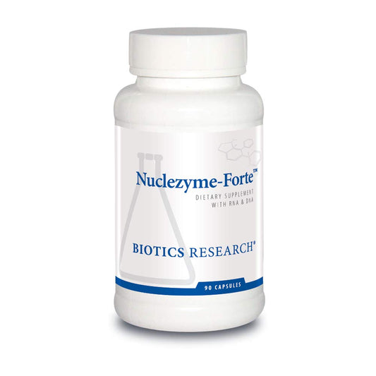 BIOTICS RESEARCH Nuclezyme-Forte bottle on a clean background for daily RNA/DNA support