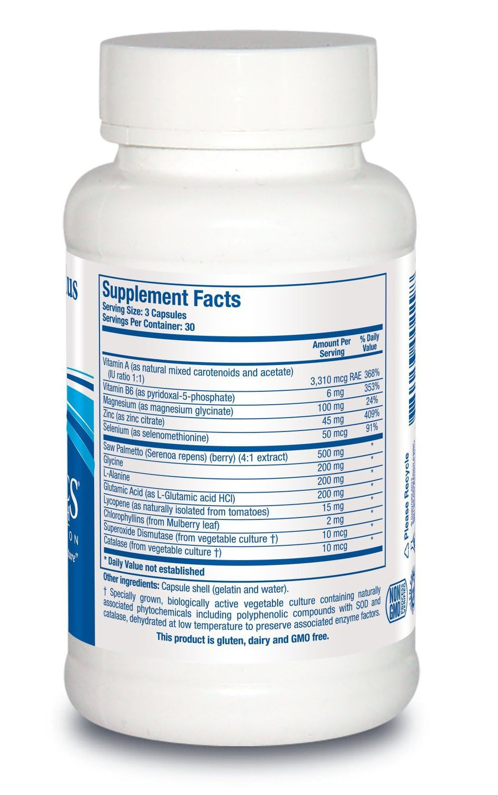Close view of Palmetto Plus Forte label highlighting saw palmetto blend.