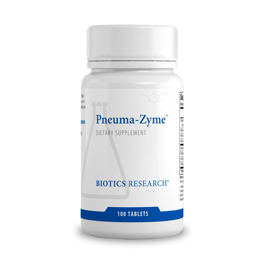 Biotics Research Pneuma-Zyme bottle front shows packaging for respiratory support