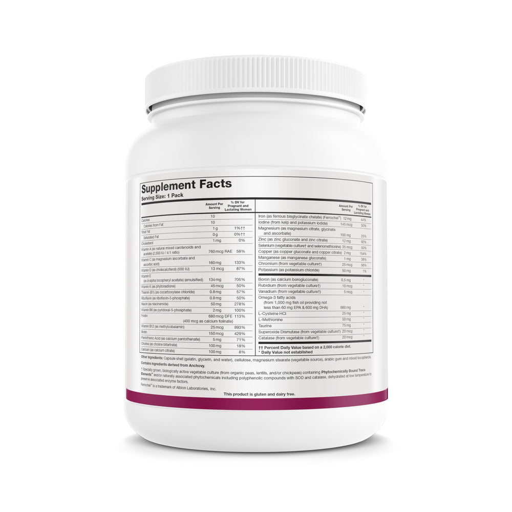 Biotics Research Pre-Natal Packs bottle close-up emphasizing omega-3 content