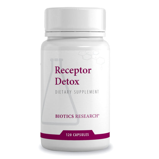 Biotics Research Receptor Detox bottle label, professional-grade formula for hormone balance
