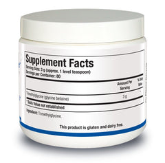 Biotics Research TMG Powder label close-up showing product details.