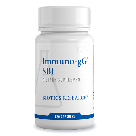 Biotics Research Ultimate Immuno-gG SBI bottle highlighting dairy-free immune support.