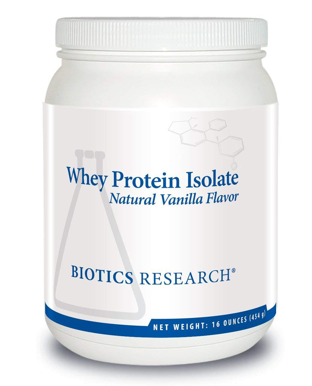 Biotics Research Whey Protein Isolate Vanilla bottle front for premium protein at any time