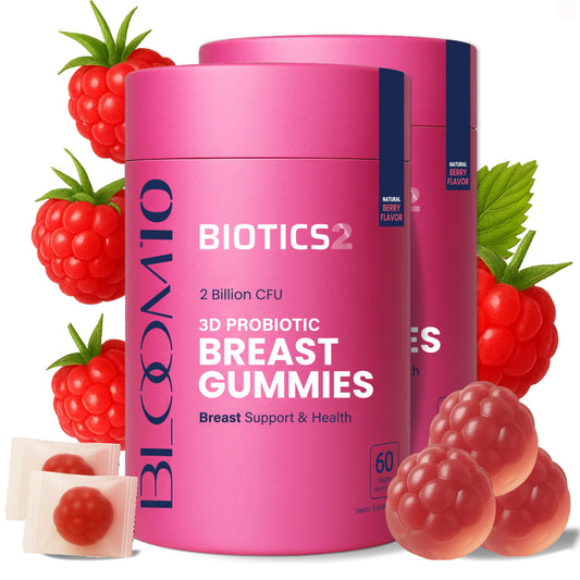 Biotics2 Bloom10 bottle-front showing sugar-free vegan breast gummies for daily wellness