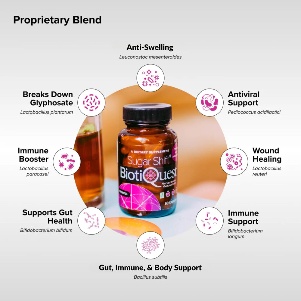 Sugar Shift label highlights vegan, gluten-free, non-GMO formulation for clean living.