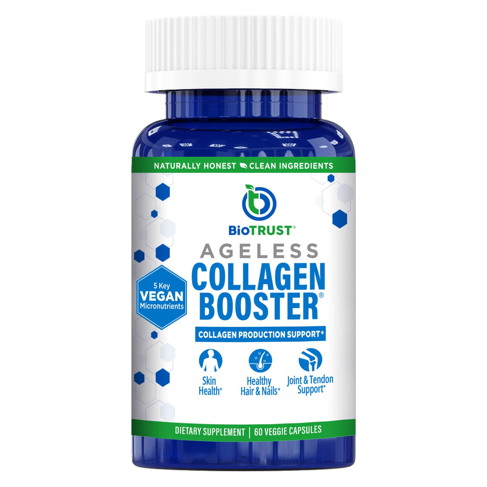 BioTrust Ageless Collagen Booster bottle highlighting glow skin for hydrated, radiant complexion.