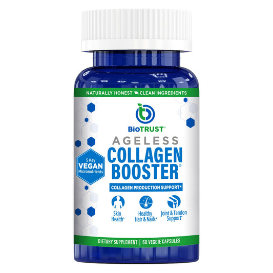 BioTrust Ageless Collagen Booster bottle highlighting glow skin for hydrated, radiant complexion.