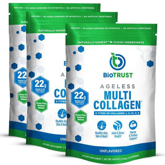 BioTrust Ageless Multi Collagen tub front showing 3-pack option for daily wellness