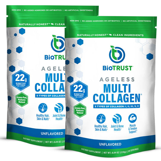 BioTrust Ageless Multi Collagen tub front showing five collagen types for wellness