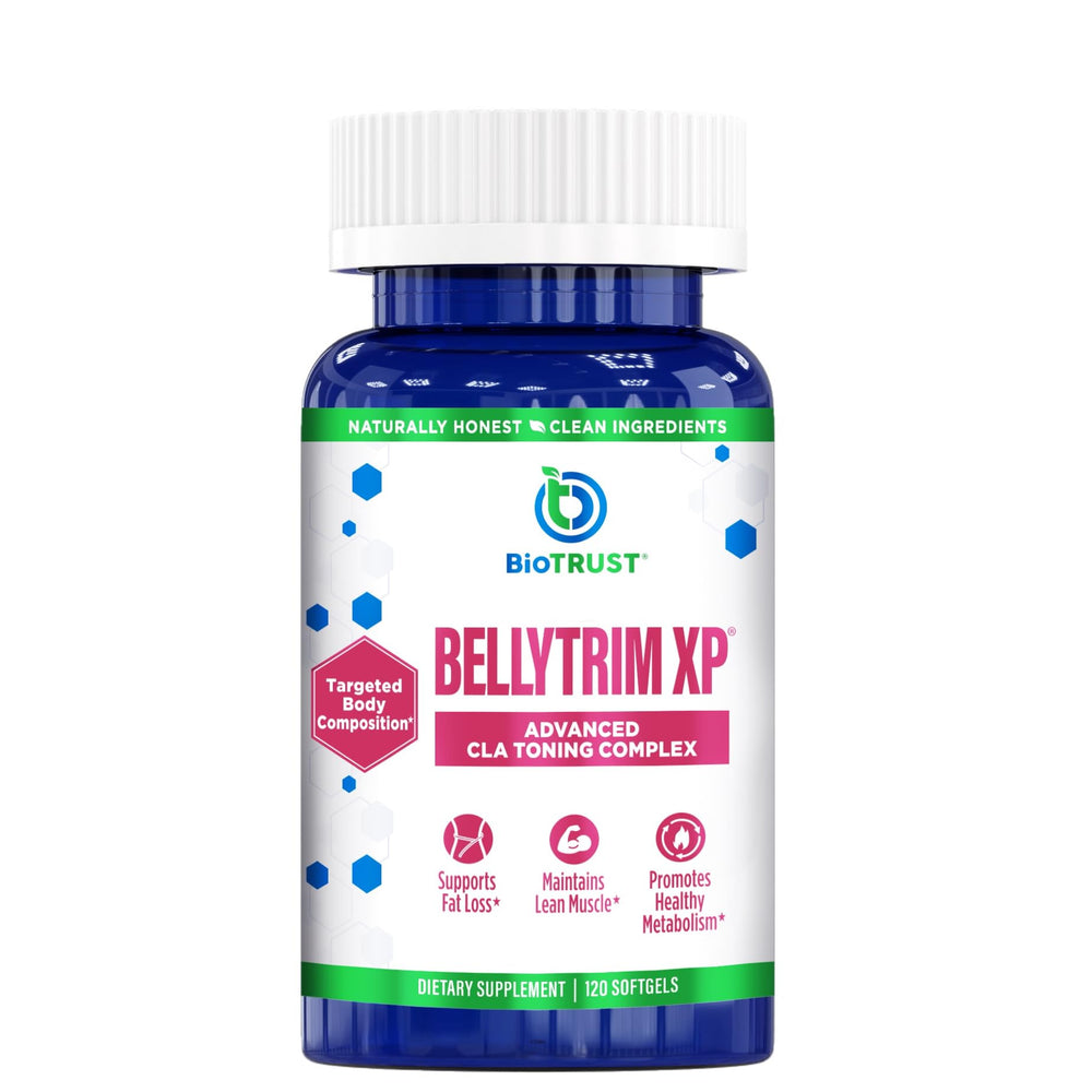 BioTrust BellyTrim XP bottle front; CLA formula supports weight management goals.