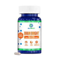 BioTrust Brain Bright bottle front view highlighting caffeine-free focus support.