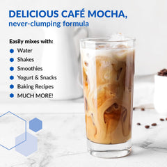 BioTrust Cafe Mocha bottle pouring into glass for a flavorful shake